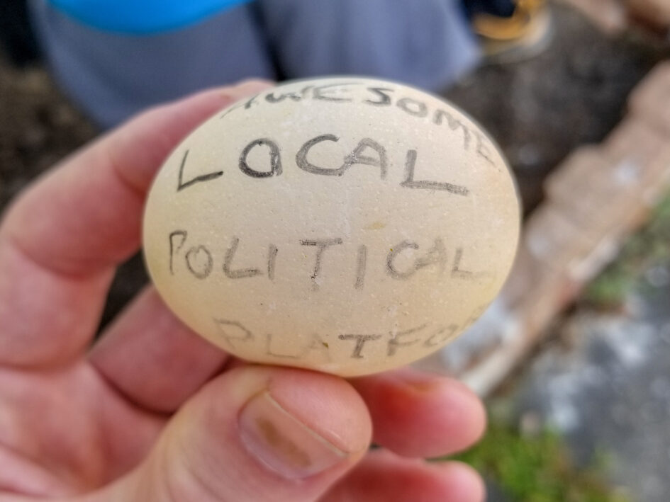 Egg with "Awesome Local Political Platform" written on it.
